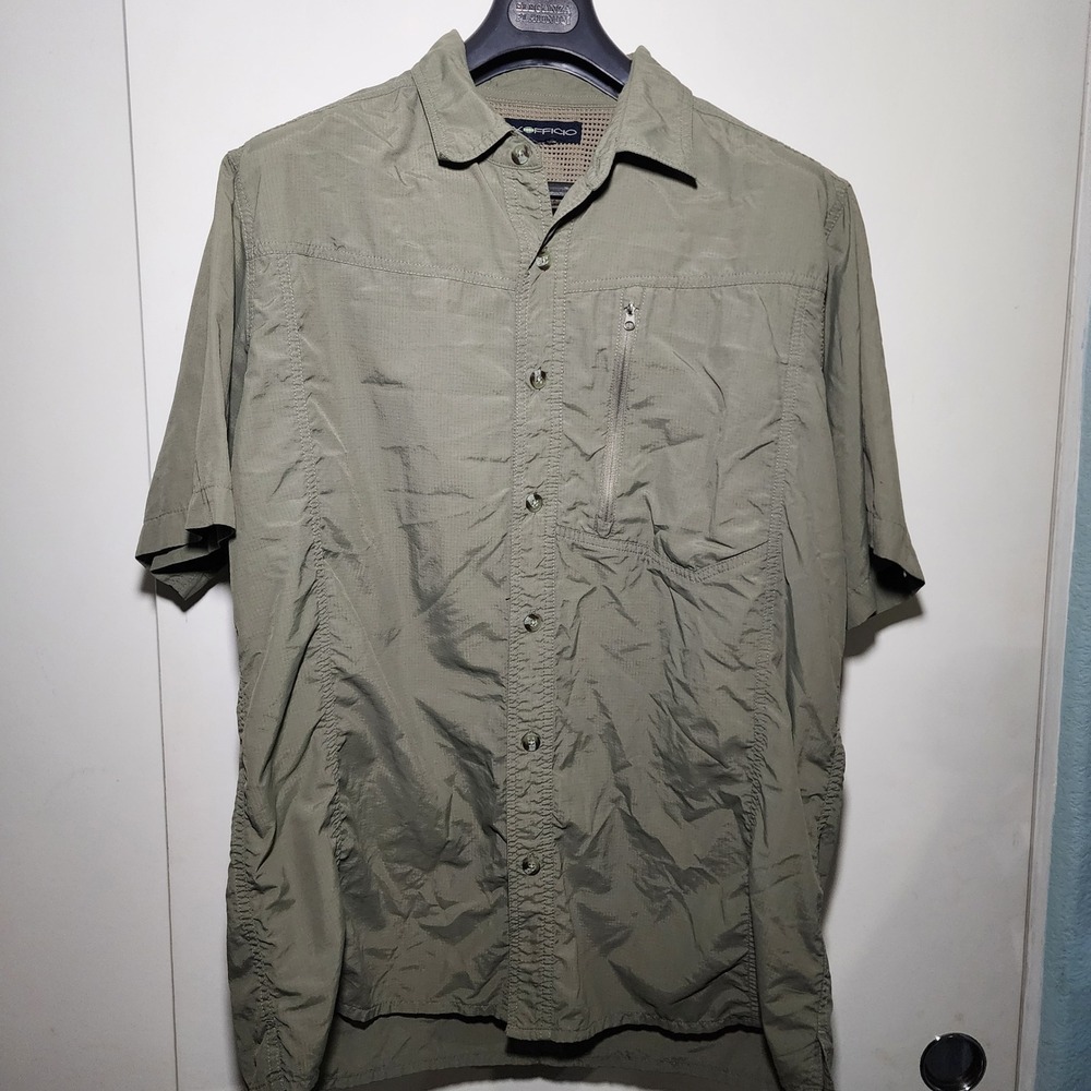ExOfficio Men XXL Olive Green Short Sleeve Button Down Hiking Shirt Ripstop Fish